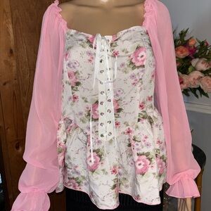 SHEIN Pink Floral Lace-Up Peasant Blouse with Sheer Sleeves